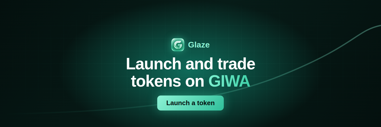 Glaze banner with launch and trade tokens on GIWA and a bonding curve illustration